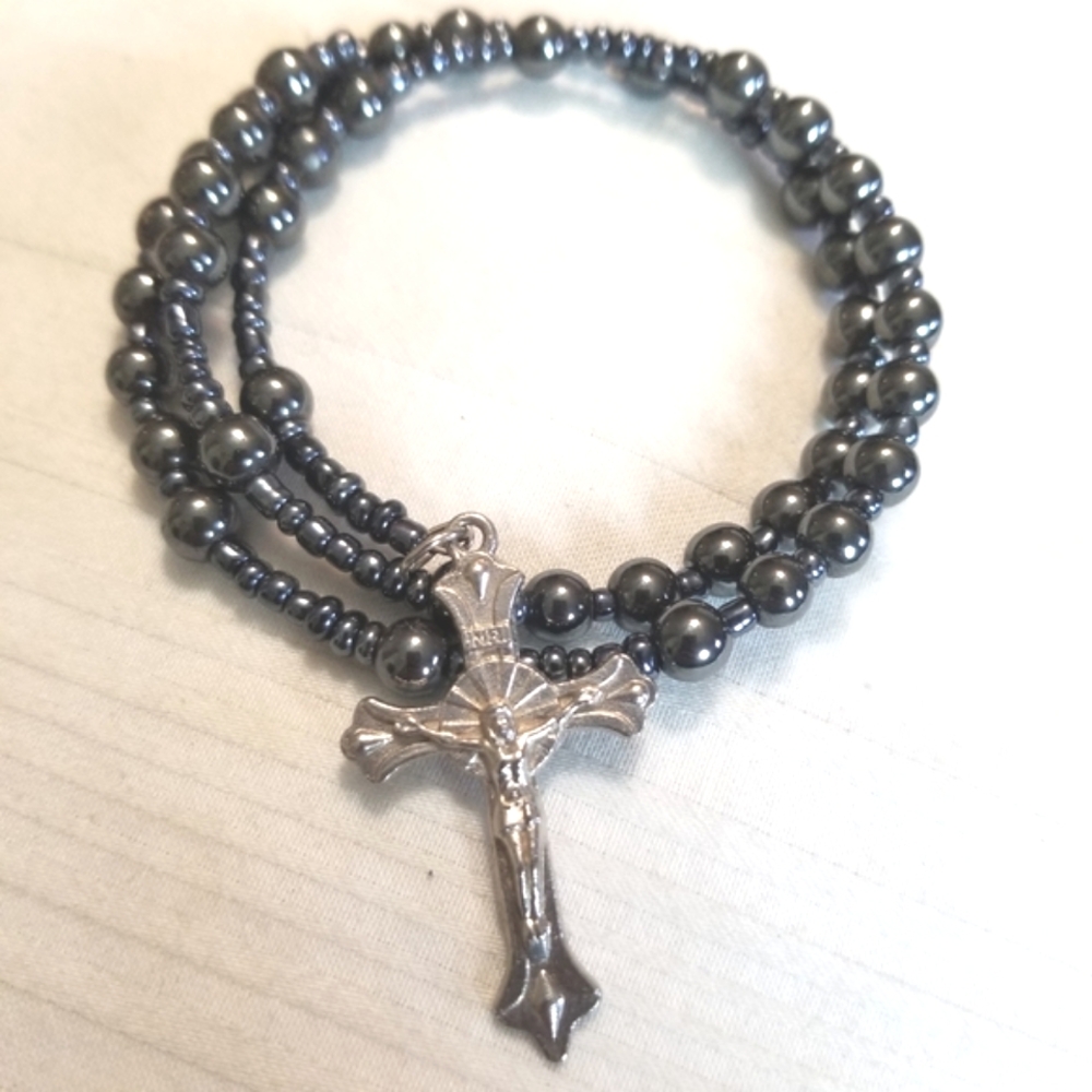 Silver Hematite Spiral Bead Ctoss Crucifix Bracelet